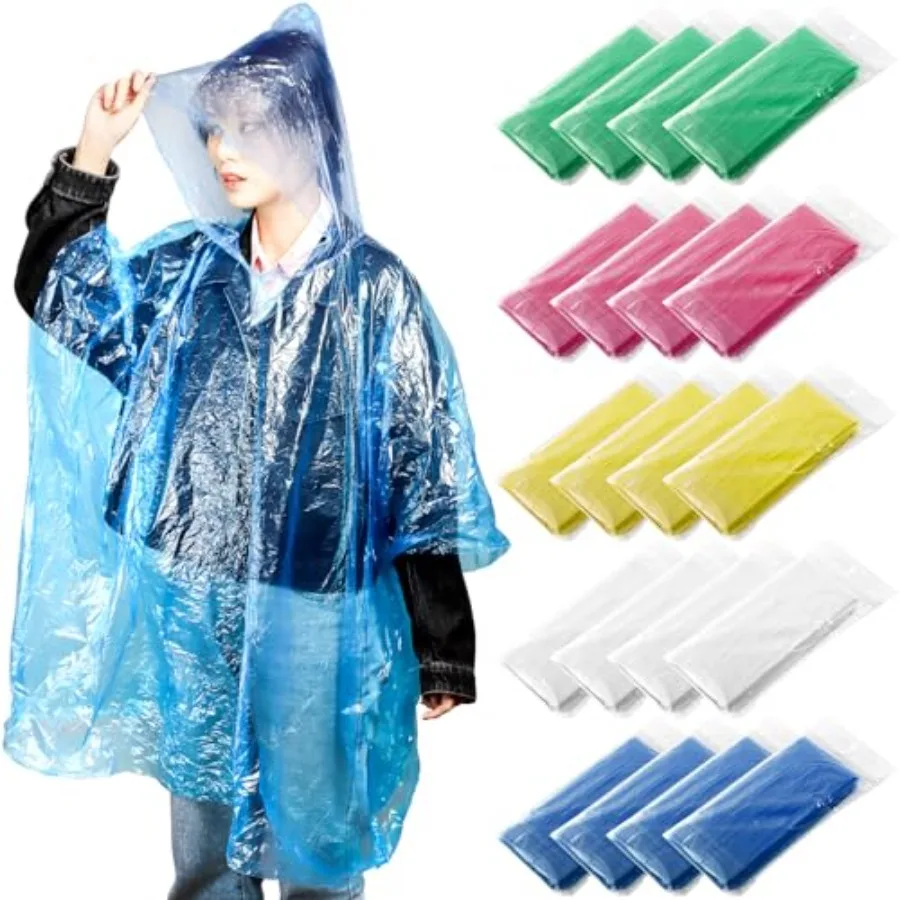 

20 Pack Disposable Rain Ponchos for Adults, Clear Plastic Emergency Raincoats with Hood, Individually Wrapped Bulk Rain Ponchos