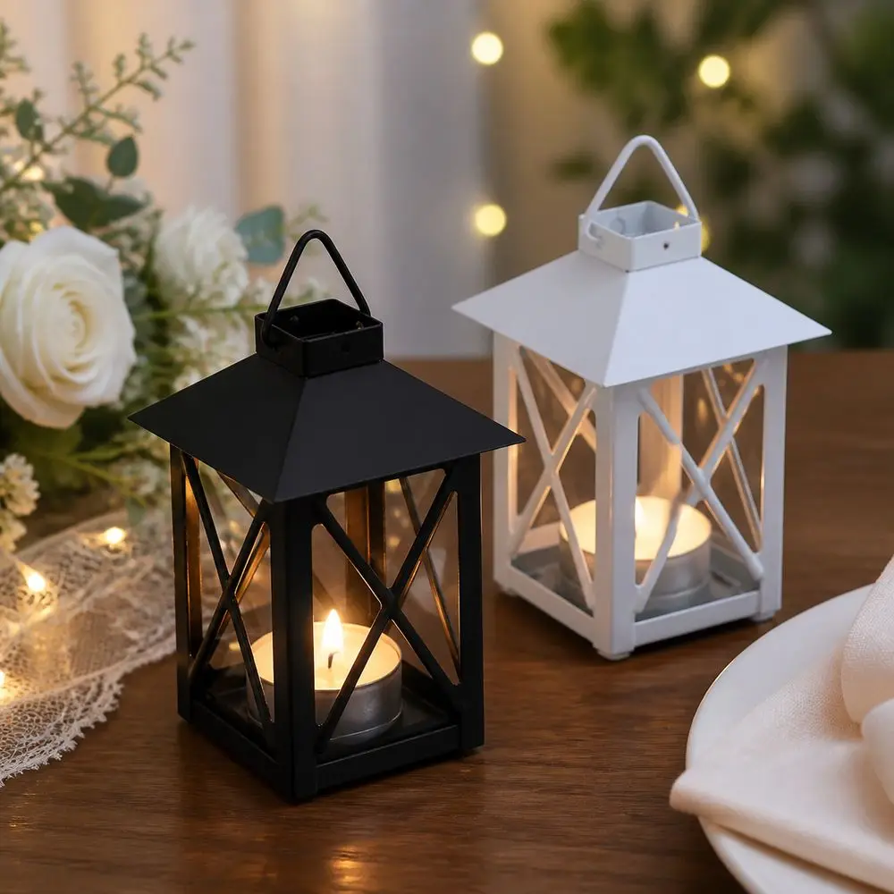 New Vintage Style Candle Lantern Hanging Handle Glass Panels Mini Lantern Centerpiece Decorative Candle Holder Table Centerpiece