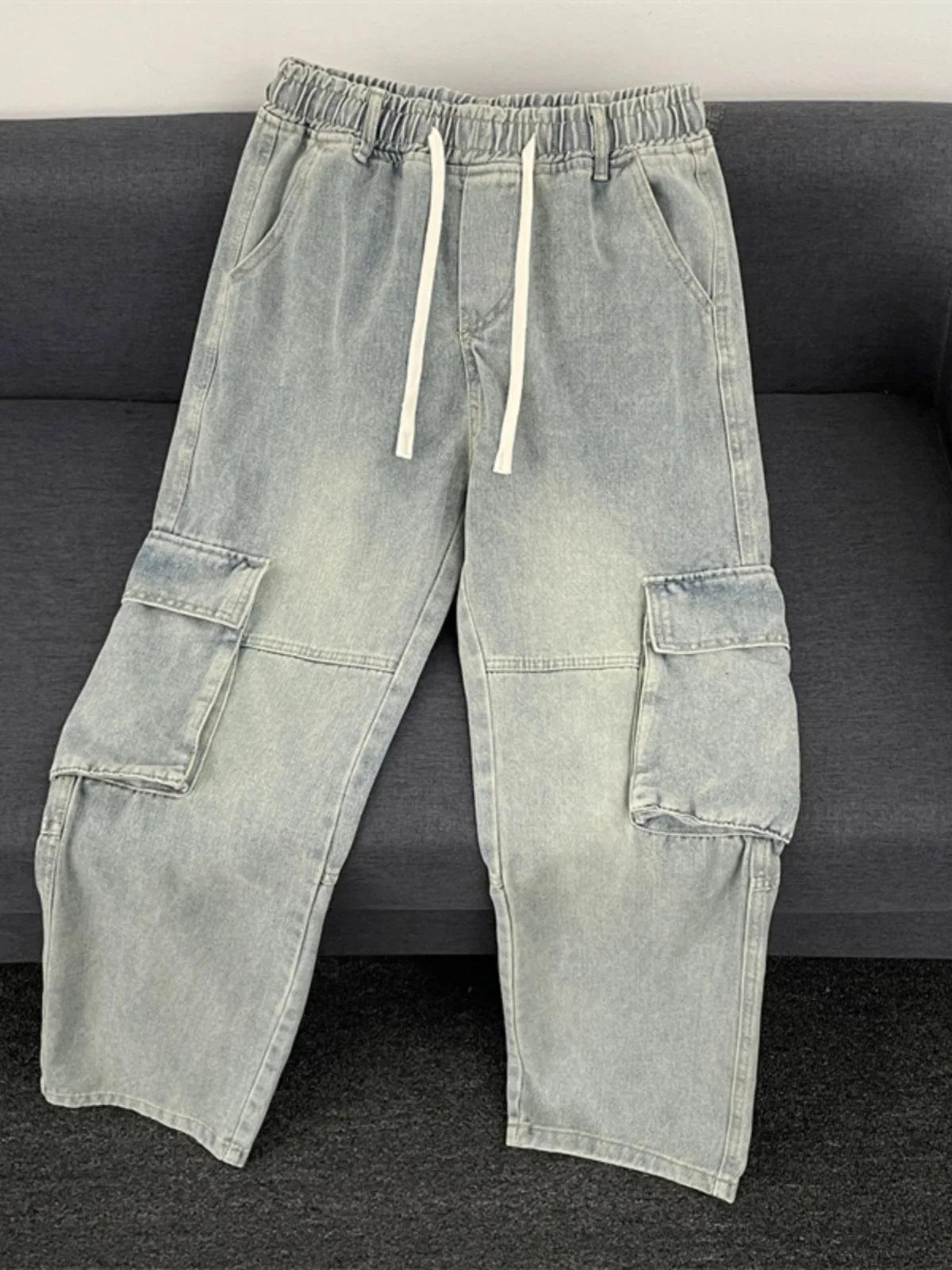 

Повседневные свободные мужские рабочие джинсы с эластичной талией, широкими штанинами и множеством карманов, весенне-осенние, свободного кроя, молодежные, стильные