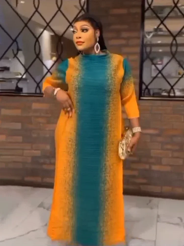 

Printed Pleated Dress for Women in Autumn, Contrasting Color Round Neck Long Sleeved Elegant Party Maix Dress