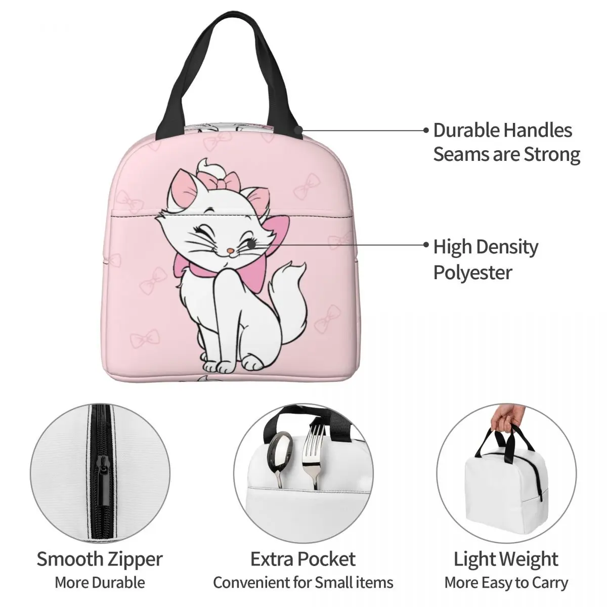 Aristocats Pink Marie Cat Insulated Lunch Bag High Capacity Meal Container Thermal Bag Tote Lunch Box Work Picnic Bento Pouch