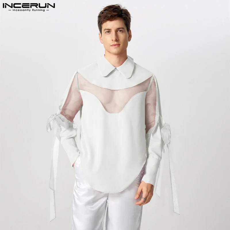 INCERUN Stylish Men's Tops Sexy Splicing See-through Bow Design T-shirts Casual Clubwear See-through Thin Long Sleeved Camiseta