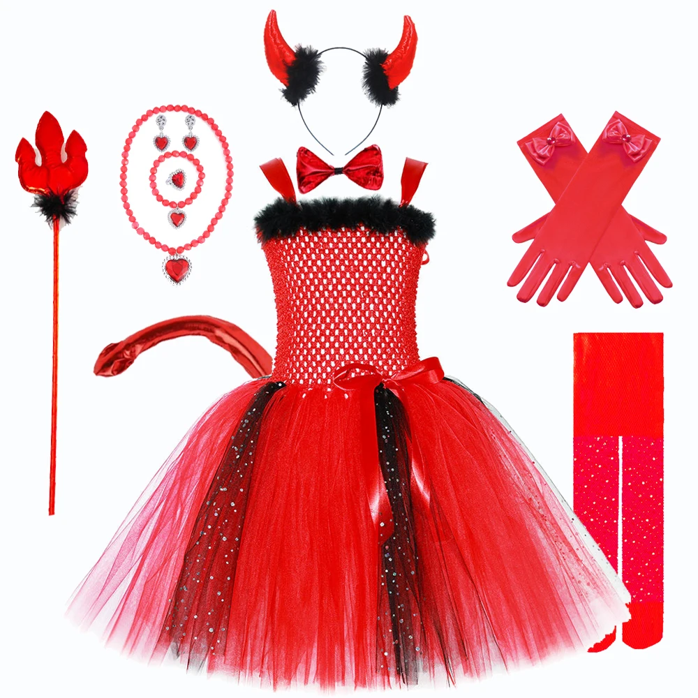 

Girls Halloween Sequins Horror Red Devil Tutu Dress Children's Costume Cos Suit Girls Mesh Tutu Dress Carnival Dress Kid Outfits