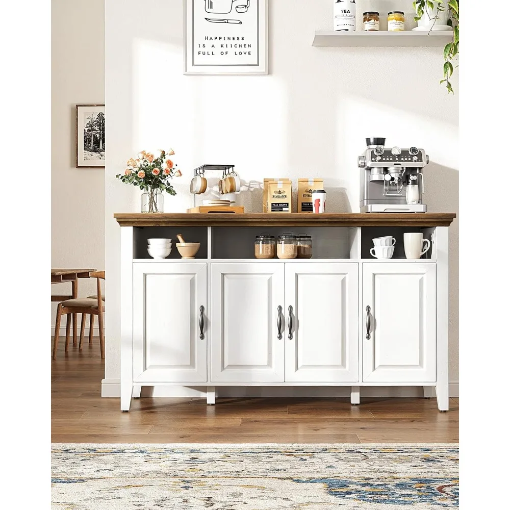 خزانة بوفيه مع مساحة تخزين، خزانة تخزين جانبية كبيرة مقاس 55 بوصة مع أرفف قابلة للتعديل، 4 أبواب، بار قهوة حديث للمزرعة