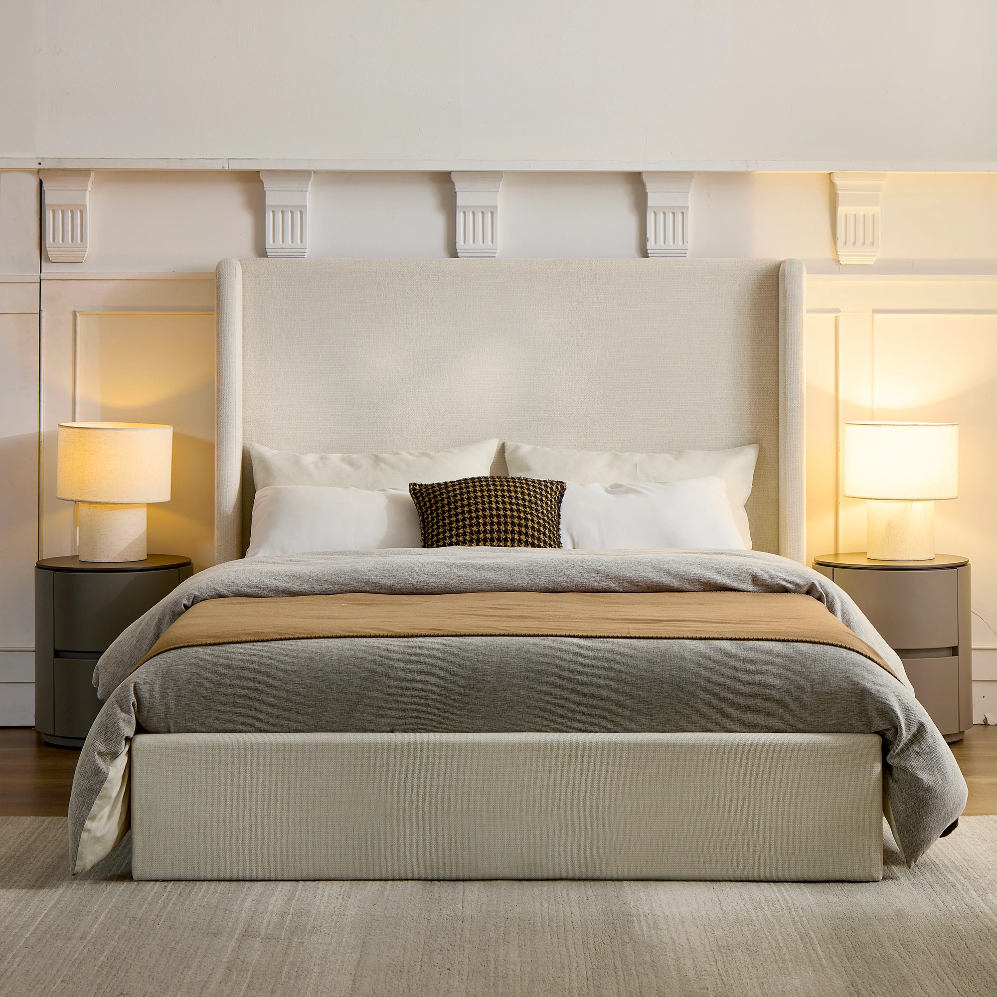 ！@OE HOME Modern Adjustable Queen Bed Upholstered Wingback Platform Frame 54