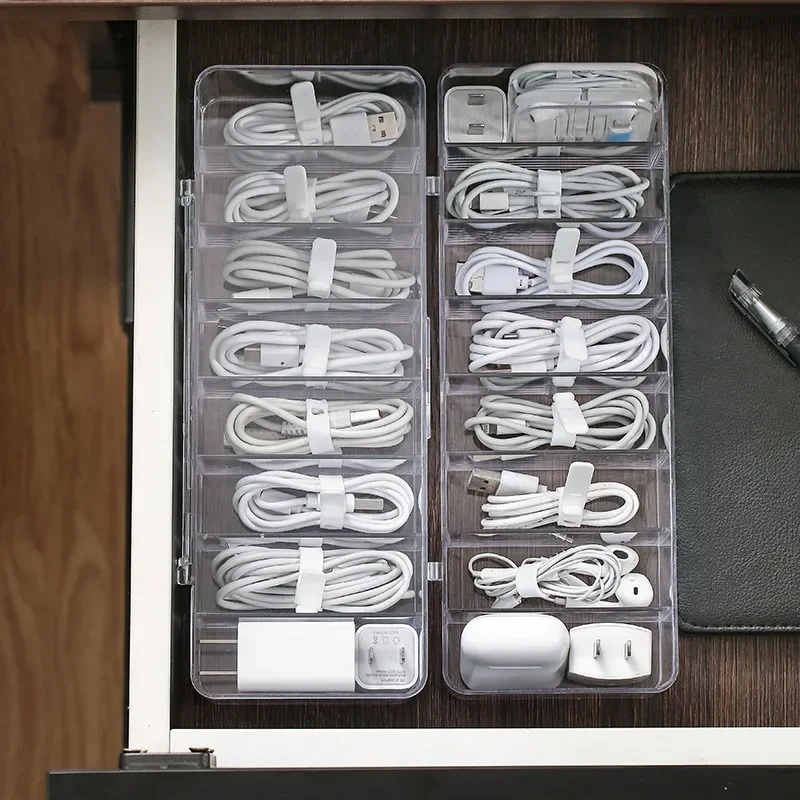 The Transparent Plastic Data Cable Storage Box Household Cable MobilePhone Charger Charging Cable Finishing Box Divided Grid Box