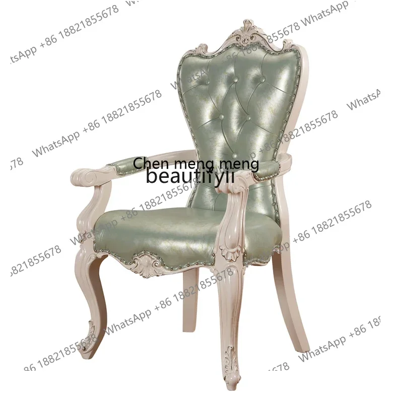 European solid wood first layer real cowhide dining chair American ivory white carved study armchair2936