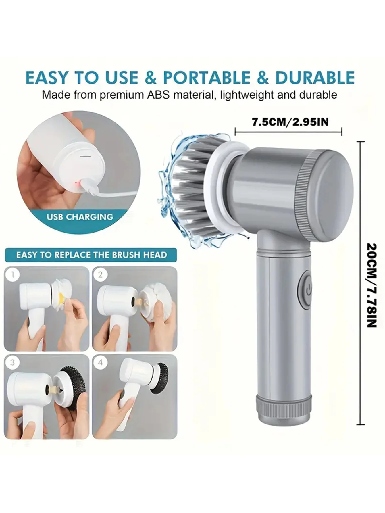 1 Set Electric Spin Scrubber With 5 Replaceable Brush Head Power Cordless Kitchen Scrubber HandheldRechargeable Shower Scrubber