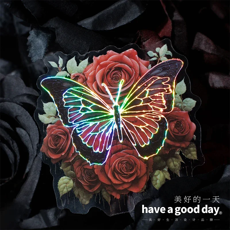 10Sheets PET Sticker Night Butterfly Handbook Dark Night Rose Material Decoration Stickers Background Scrapbook Cut 161*96MM