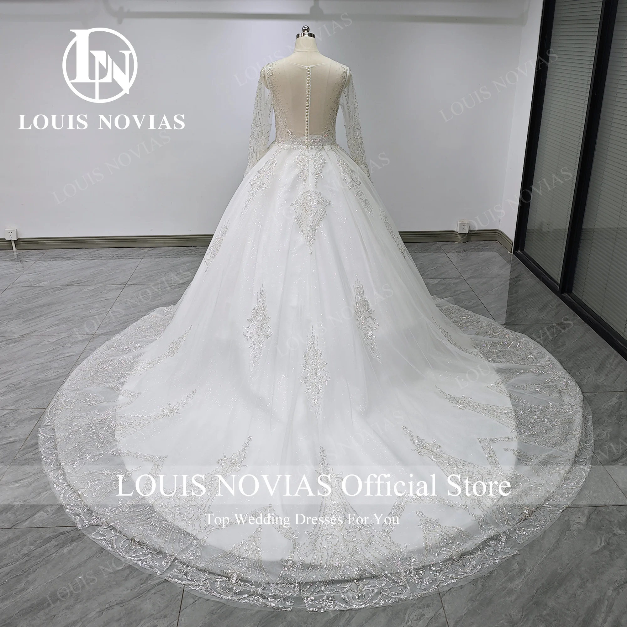 LOUIS NOVIAS Ball Gown Wedding Dress Real photos 2024 Long Sleeve Appliques Semi-Transparent Lace Wedding Gown Vestidos De Novia