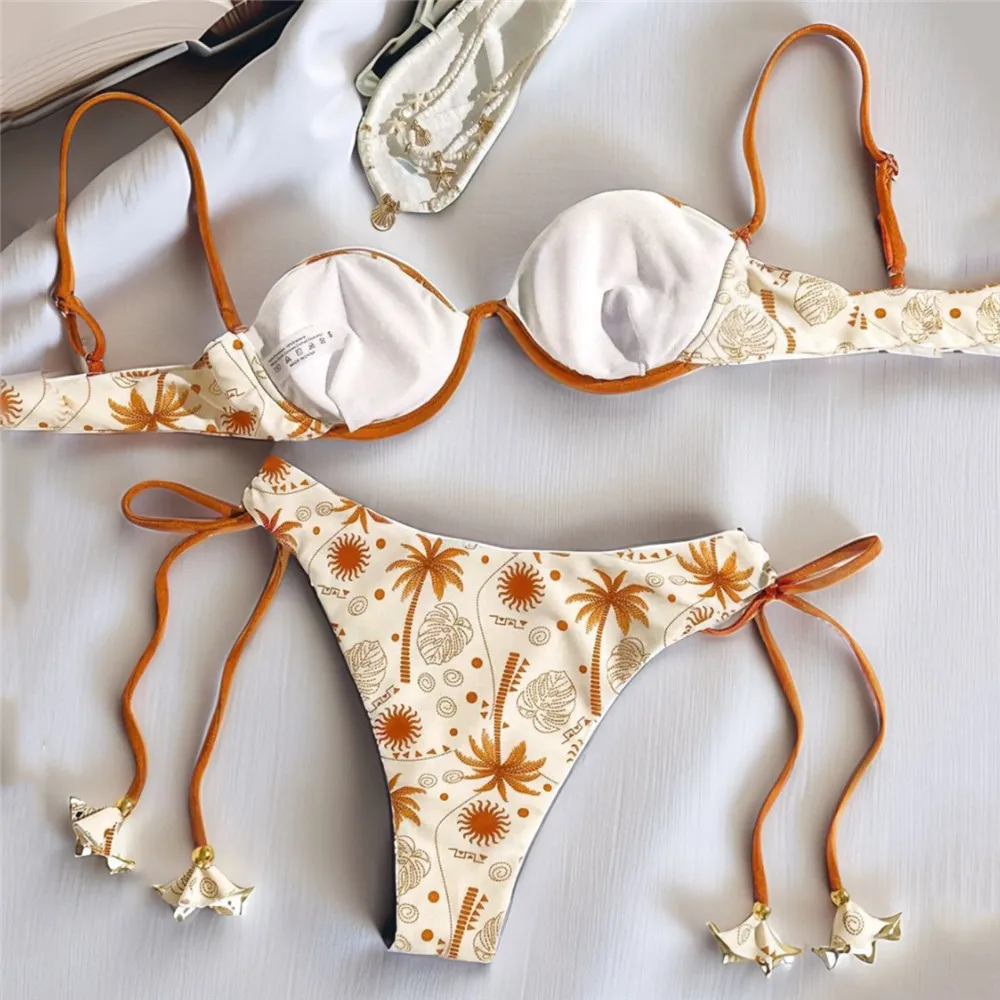 Sun Leaf Print String Shell Bikinis Sets De Mujer 2025 Push Up Sexy Swimsuit Women Summer Bathing Suit Brazilian Biquini Bikini