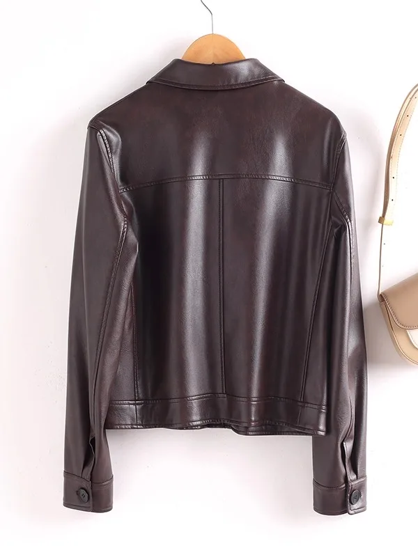 Skórzana kurtka motocyklowa damska, dopasowany krój, casualowa kurtka ze skóry bydlęcej, kołnierz w stylu brytyjskim, jesień 2025, modna odzież wierzchnia damska.