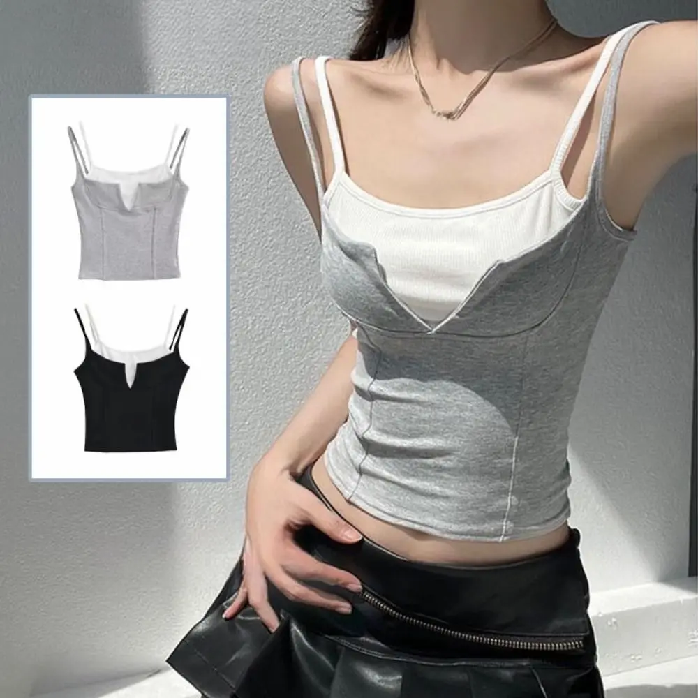 

Sweet Patchwork Fake Two Pieces Camisole Sleeveless Slim Fit Slim Crop Top Undershirt Korean Style Bra with Pads Cami Streetwear
