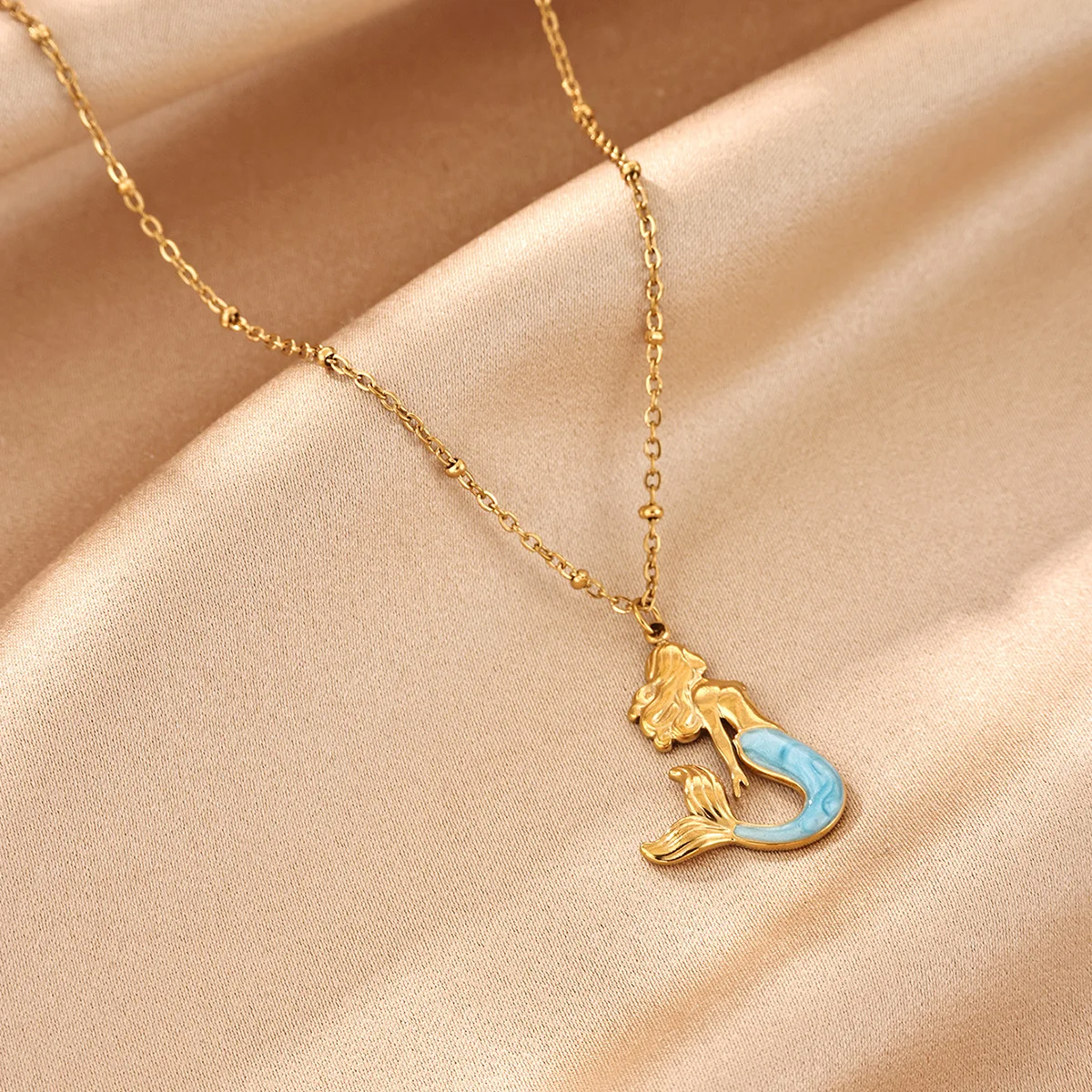 Blue Enamel Mermaid Pendant Necklaces For Women Gold Color Stainless Steel Beaded Chain Necklace Summer Beach Fashion Jewelry view 2