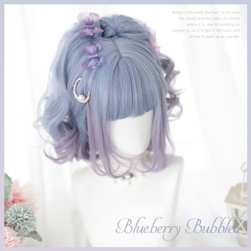 MEIFAN Synthetic Short Lolita Cosplay Christmas Halloween Bob Wave Curly Wig Harajuku Female Wig with Air Bang Natural Fake Hair