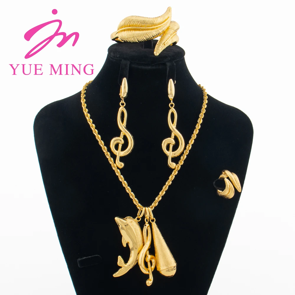 

YM Gold Color Jewelry Sets Elegant Musical Note Earrings for Women Dolphin Pendant 40CM Necklace Charm Bracelet Adjustable Ring