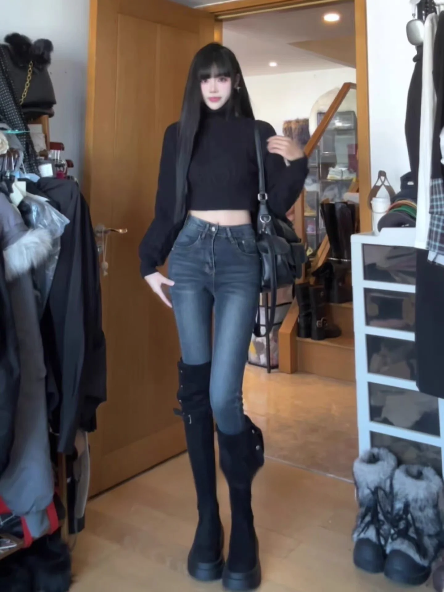 

Retro High Waist Slim Fit Blue Denim Jeans Women's Autumn Winter Tummy Control Butt Lifting Versatile High Waist Jeans