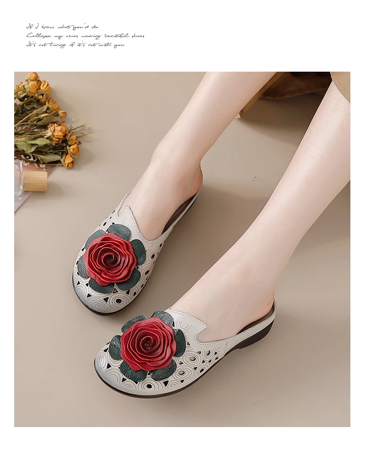 Neue große Blumen-Sandalen aus Rindsleder für Damen, Sommer-Mules mit Cut-Outs, niedrige Absätze, Retro-Luxus-Slipper-Sandalen, Slip-On-Schuhe für Damen – Detail 9