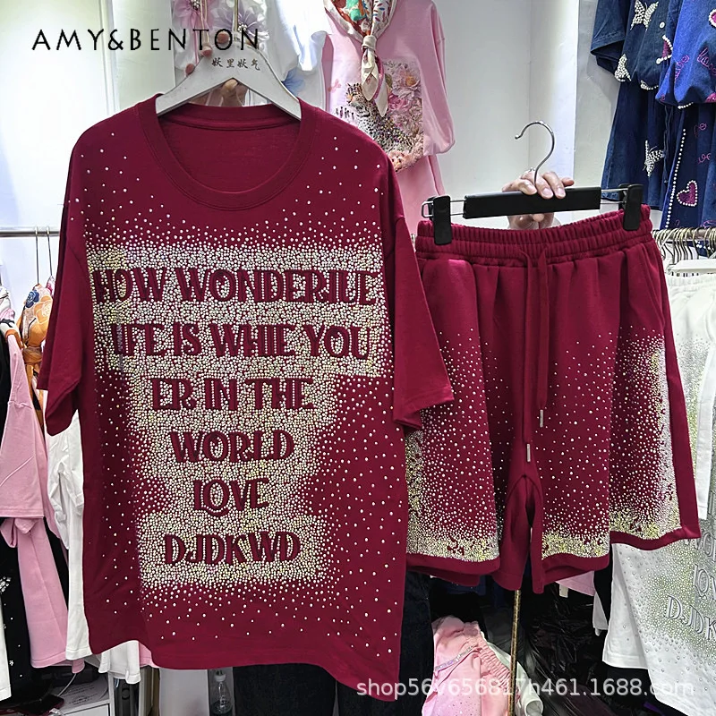 

Heavy Craft Y2k Hotfix Rhinestone Letter Print Oversized Short Sleeves T-shirt Top + Elastic Waist Wide Leg Shorts Two-piece Set