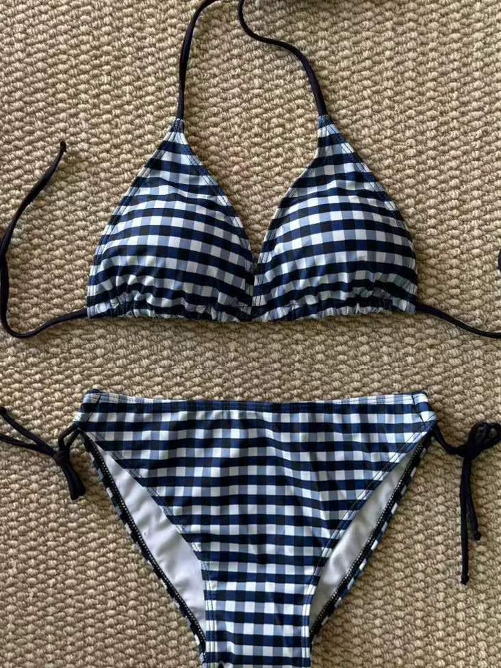 

New Blue White Grid Soft Package Bikini Sexy Three Point Two Piece Set Small Chest Gathered Beach Hot Spring Swimsuit Women