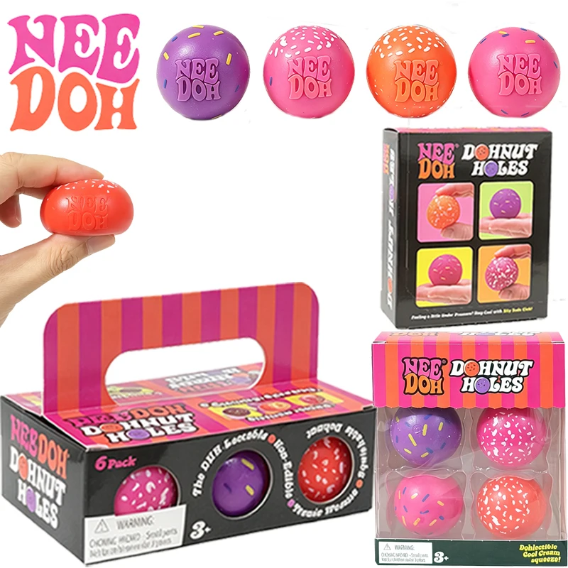 Needoh Dohnut Holes 4/6 Pack Mini Donut Antiestrés, Bolas de Presión Coloridas para Alivio de la Ansiedad, Juguete de Bolsillo para Autismo y TDAH