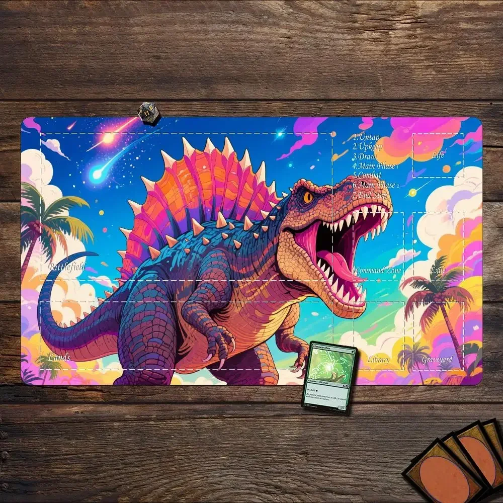 Magische Spielmatte, Karten-Gaming-Matte mit Zonen, digitales Kunst-Dinosaurier-Design, MTG-Spielmatte, Gummi, rutschfeste Schreibtischunterlage, Gamer-Tastatur, Mauspad