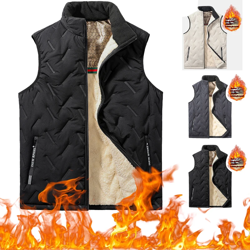 M-8XL new fleece graphene vest, cargo cardigan stand collar men's thick lamb wool cotton clip, large size sleeveless vest