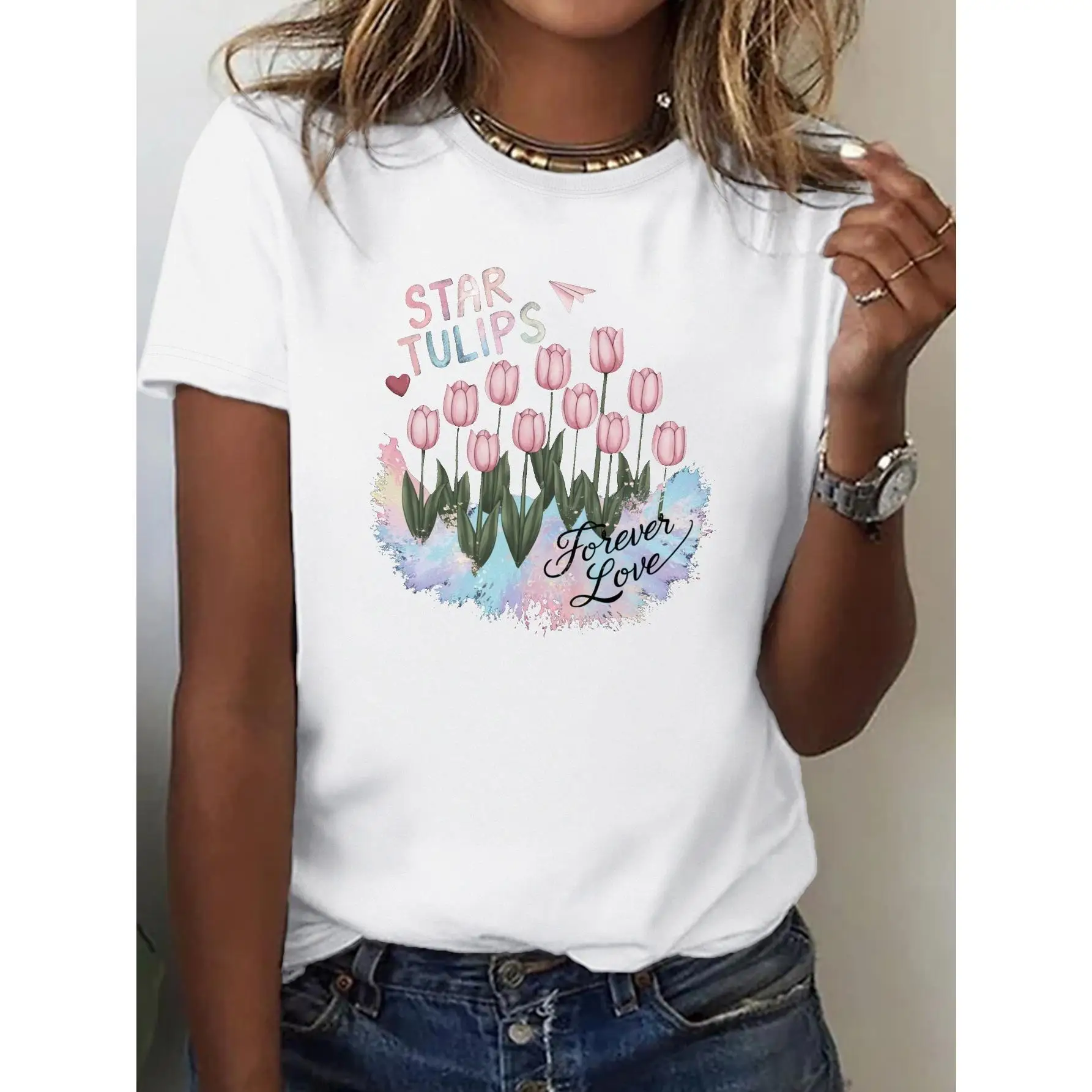 

Women's Soft Cotton T-Shirt with Butterfly & Star Tulips Design - Comfortable Fit, Short Sleeve, Round Neck, Geometric Pattern