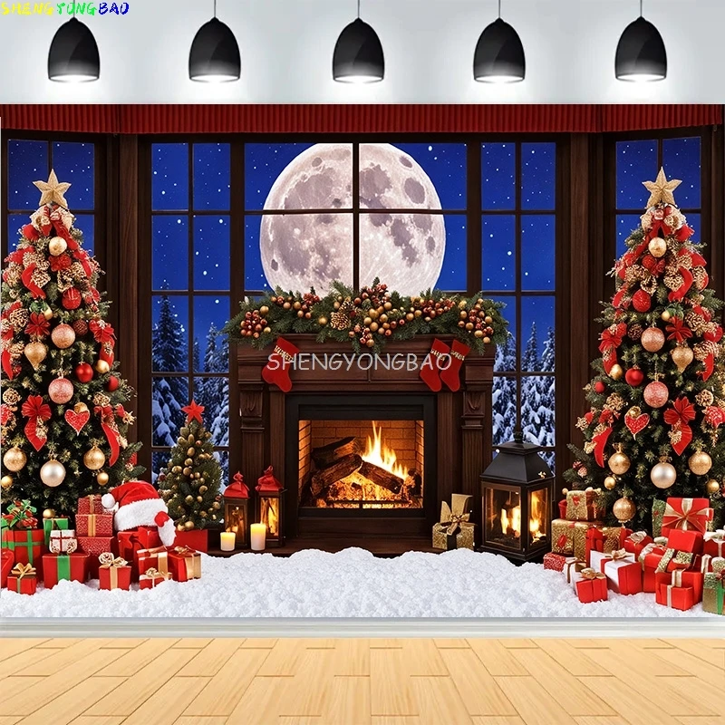

Christmas Day Pine Tree Photography Backdrop Props Xmas Eve Family Party Living Room Decor Fireplace New Year Background CT14