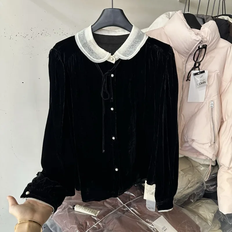 

Korean Doll Collar Velvet Lace Shirt Color-blocking Button Cardigan Female Elegant 2025 New Top