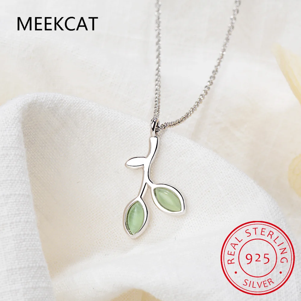 Olive Branch Leaves Green Enamel 925 Sterling Silver Bud Leaf Pendant Necklace for Women Fashion Statement Gemstone Jewelry