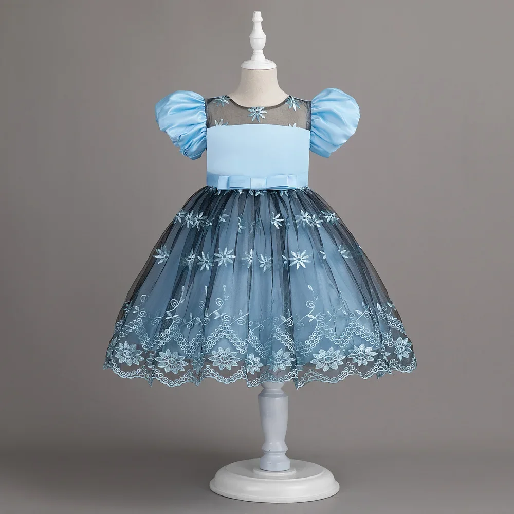 Vestido bordado Vintage para niña, vestidos de encaje para niña de flores para bodas, manga abombada con botones, vestido de fiesta de cumpleaños para niños de 2 a 10 años