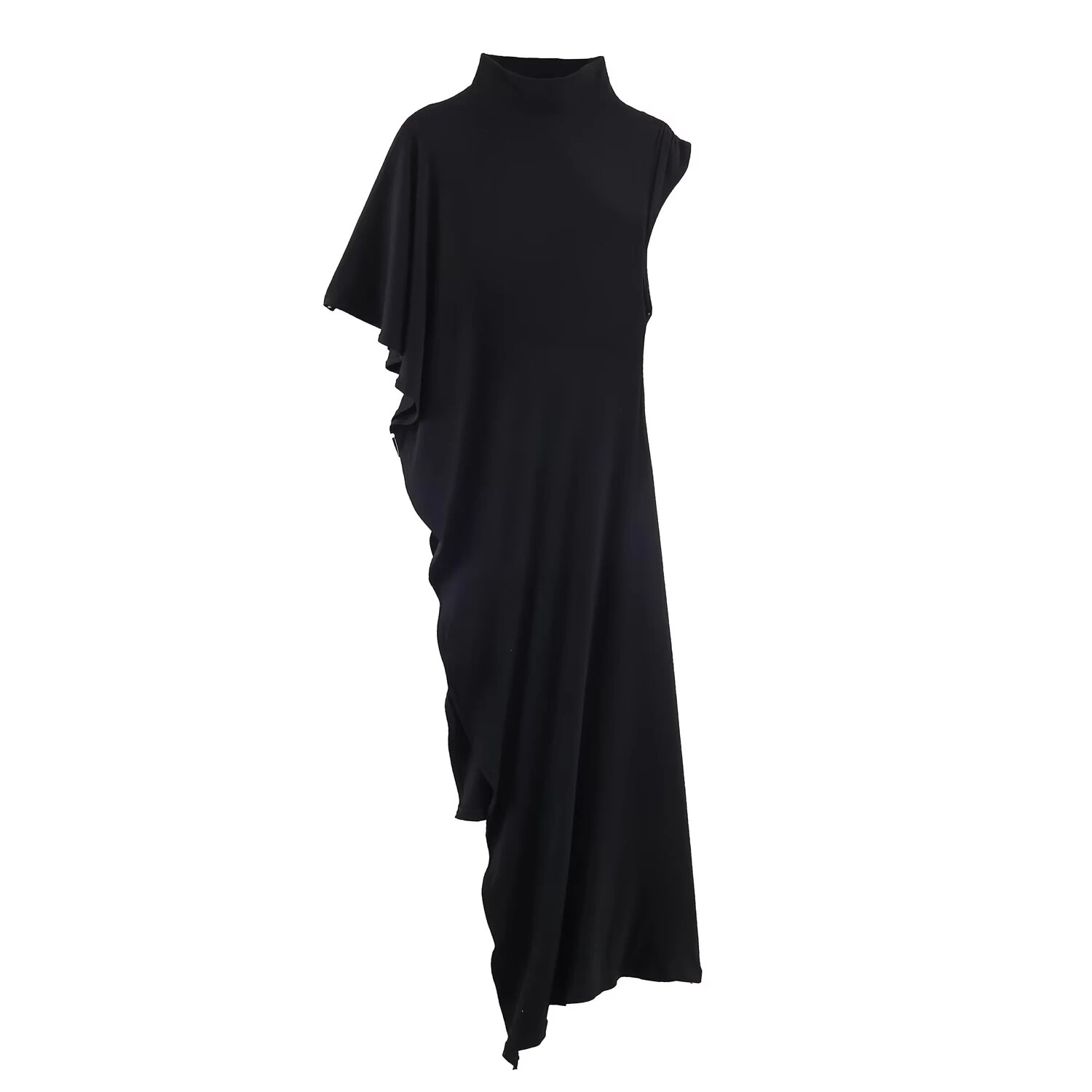European and American style spring women's asymmetric pleated single sleeve high neck long casual top