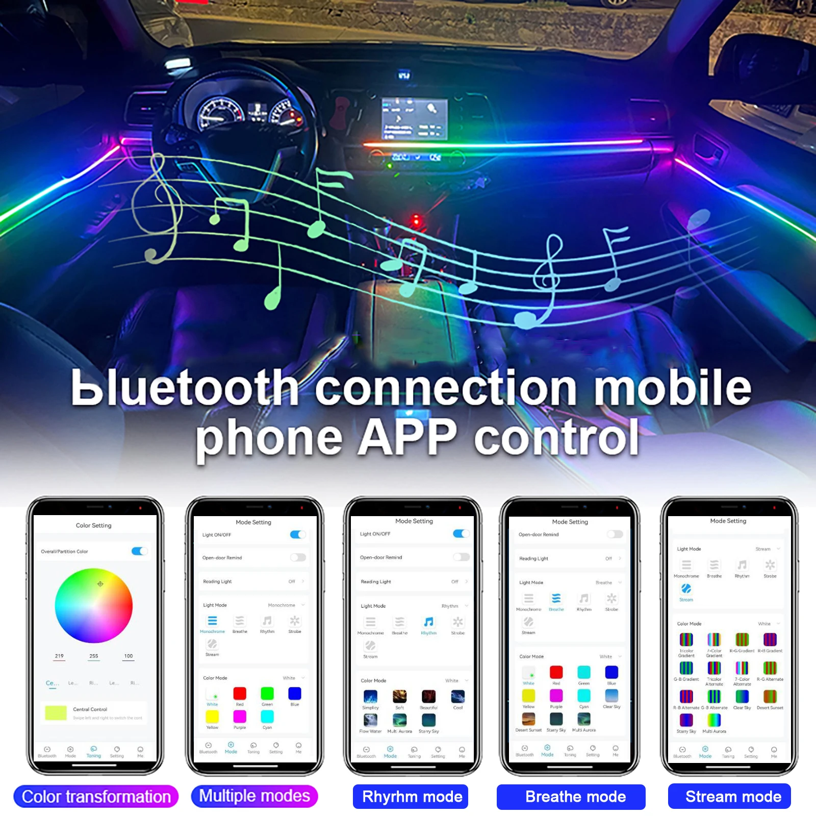 22 IN 1 Universal Car Interior Ambient Light Strip RGB LED Symphony Atmosphere Light decorazione della porta del cruscotto con controllo App