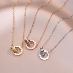 Luxury Elegant Crystal Circle Choker Fashion Roman Digital Stainless Steel Gold Silver Color Pendant Necklaces for Women Jewelry