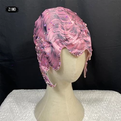 new Personality Self Styling Wig Women sequin pearl hat pink Headwear Nightclub Headdress Dancer drag queen Stage Accessories