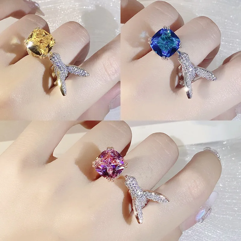 Fashion creative hummingbird group inlaid zircon ring ladies luxury design color full diamond ring cocktail party birthday gift