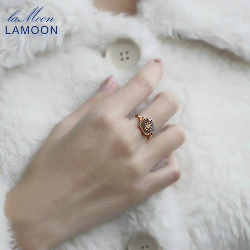 LAMOON Vingtage Bijou Natural Labradorite Ring For Women Gemstone Rings 925 Sterling Silver Gold Vermeil Elegant Fine Jewelry