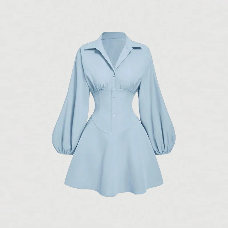 فستان نسائي قصير عصري بلون سادة، خصر عالي، أكمام منتفخة، تنورة منفوشة، مزاج أنيق لمظهر كاجوال أنيق