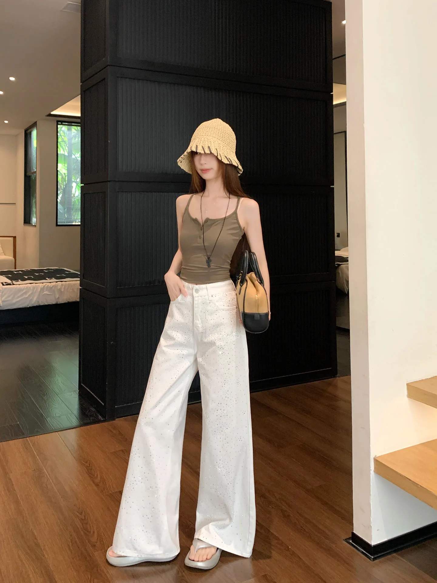 High Waist Wide Leg Jeans Women's Summer White Slimming Loose Drapey Straight Cut Floor-Length Pants Glittering Commute Style