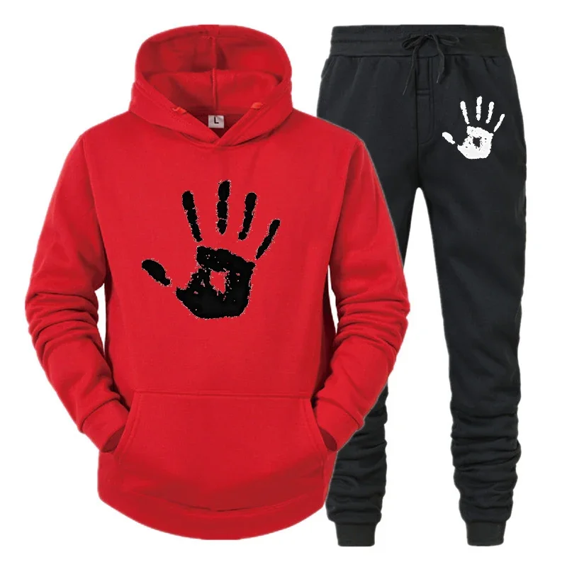 New Men Hooded Sweatshirts And Pants Casual Tracksuit Sportswear Autumn Winter Palm Print Suit Set Loose Men\'s Clothing