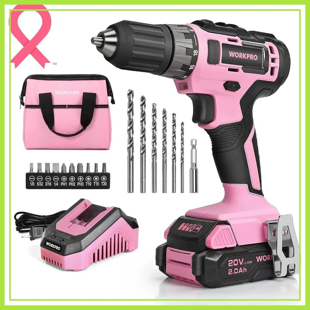 

20V Pink Cordless Drill Set, 3/8" Keyless Chuck, 2.0Ah Battery, Fast Charger, Storage Bag