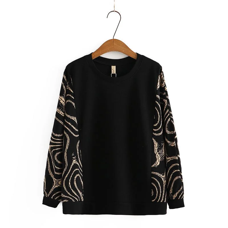 

Women's New Spliced pullover Round Neck Printed Fashionable and Versatile Casual Long-sleeved T-shirt Loose Top
