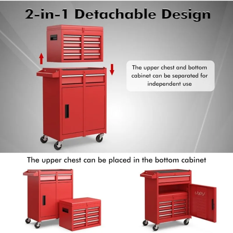 Rolling Tool Chest, 5-Drawer Tool Box Organizer w/Lockable Wheels & Sliding Drawers & Detachable Top & Adjustable Shelf, Tool