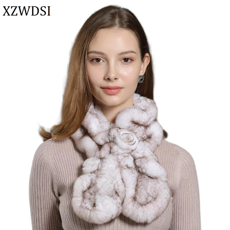 

Женский шарф из натурального меха с цветком, натуральный теплый женский зимний шарф из меха кролика рекс с рюшами