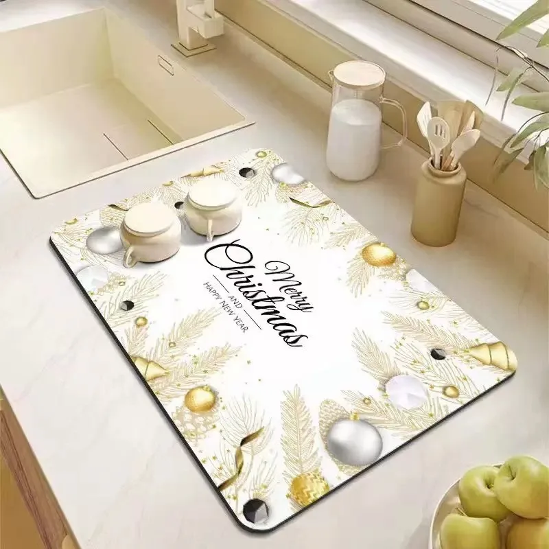VIKAMA Diatomite Drying Mat, Super Absorbent Quick Dry Non-Slip Kitchen Counter Merry Christmas Gold New Year Decor