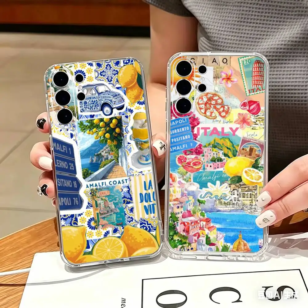 European Maiolica Holiday hot Clear Hard Phone Case For Samsung S25,24,23,22,21,10,9,Ultra,Plus,Lite Transparent Cover