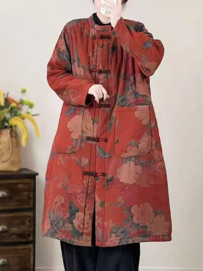 

Осенне-зимнее хлопково-льняное женское художественное ретро-муди на пуговицах с принтом, новое китайское этническое хлопковое пальто-джато