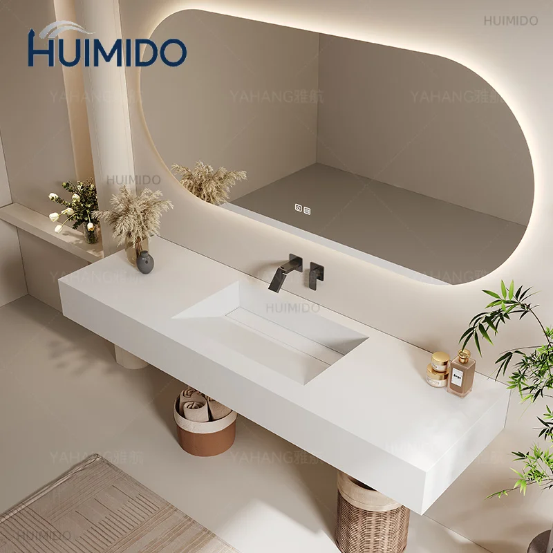 Custom-Designed Slanted Basin Bathroom Furniture Vanity Set with Integrated Stone Slab Single/Dual Basin Sink Modern Vanity Set