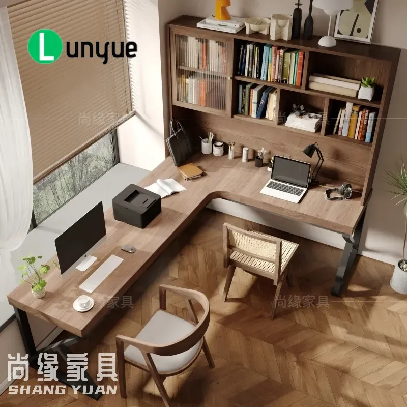 Solid wood corner desk bookcase household corner double desk study against the wall L-shaped computer desk bookshelf